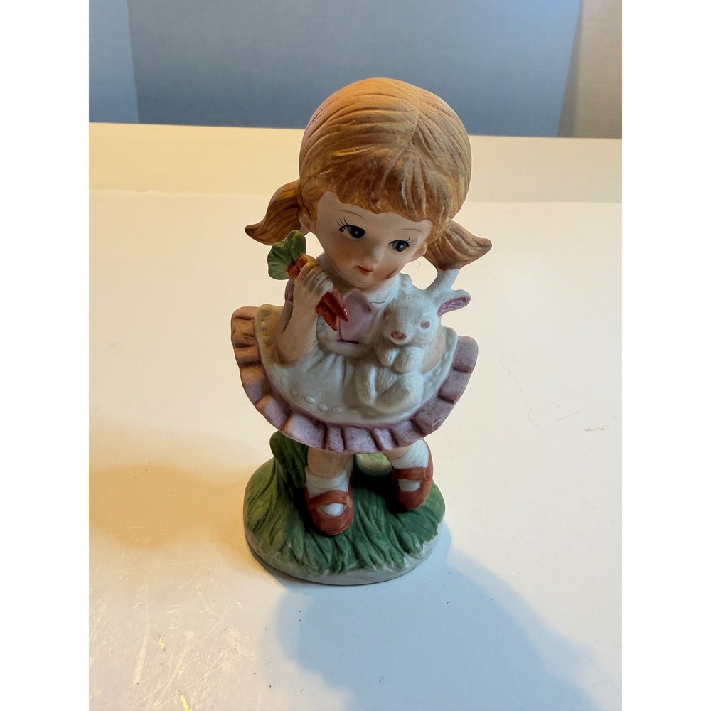 Vintage Little Girl‎ Holding Bunny Rabbit Figurine 1424